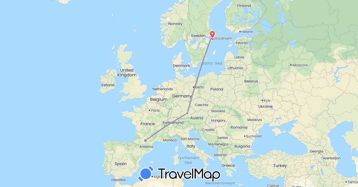 TravelMap itinerary: bus, plane, train, hiking in Germany, France, Sweden (Europe)